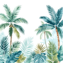 Watercolor tropical palm trees and lush green foliage illustration.