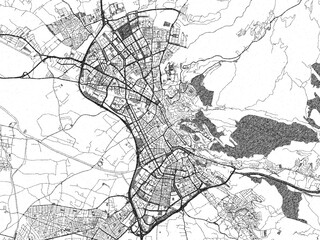 Naklejka premium Artistic monochrome city map of Granada, Spain, created in a hand-drawn style.