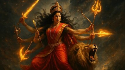 Maa Durga as the Warrior Goddess Leading the Battle Against Evil Majestic Hindu Goddess on Lion, Wielding Glowing Weapons, Symbolizing Power and Protection - Powered by Adobe