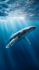 Naklejka premium Humpback whale swimming underwater with sunlight beams. 