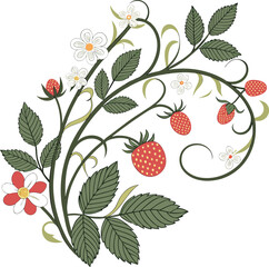 A ripe, juicy red berry vector illustration with green leaves on a summer branch