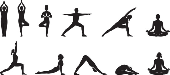 Yoga Poses Silhouette Collection on Transparent Background yoga poses vector 