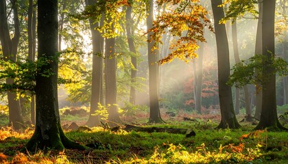 Sunlight streams through a misty autumn forest, illuminating the vibrant foliage and towering trees.