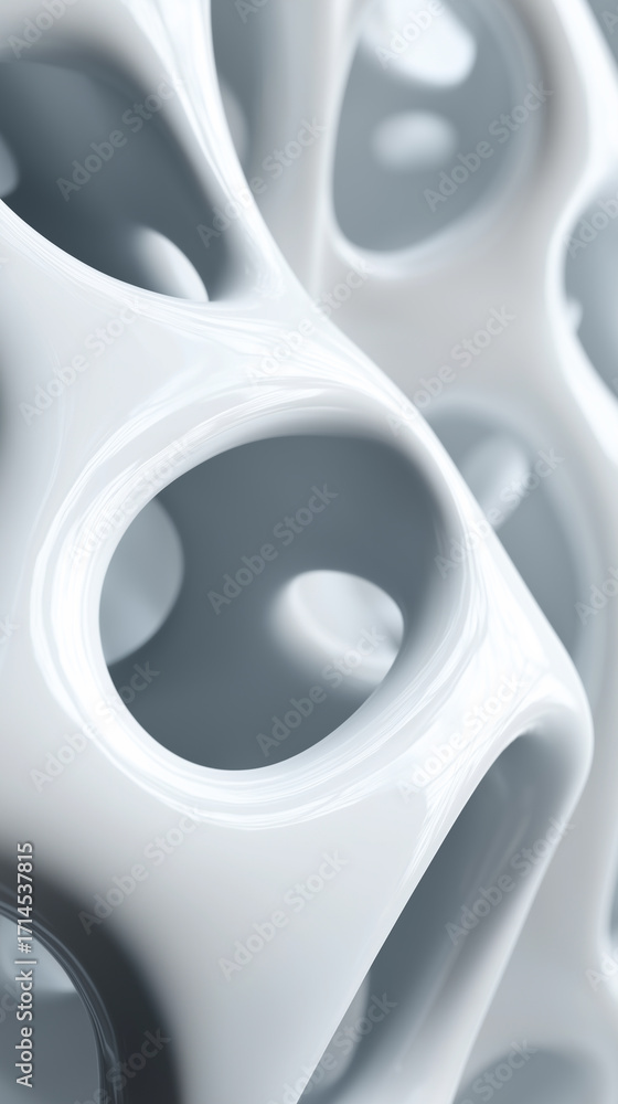 Poster abstract white 3d structure with smooth curves and circular holes.