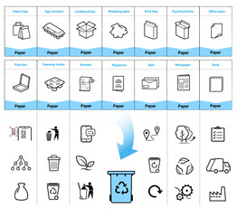 Ready icon sheets for separating paper waste. Vector elements are made with high contrast, well suited to different scales and on different media. Ready for use in your design. EPS10.