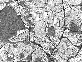 Fototapeta premium Illustrated city map of Madrid, Spain, in black and white, showing roads and textures.