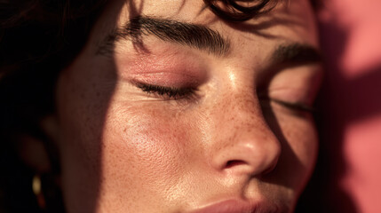 Obraz premium Close up portrait of person with closed eyes, showcasing natural skin texture, freckles, and soft lighting. image captures serene and peaceful expression, highlighting beauty of natural features
