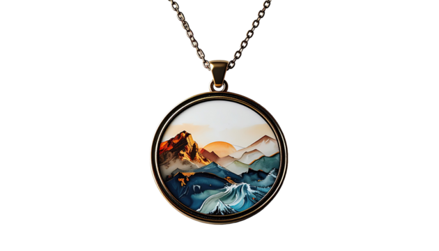 A round pendant with a mountain and ocean scene