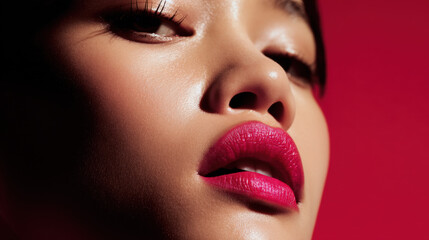 Fototapeta premium Close up portrait of woman showcasing vibrant red lipstick against bold red background, highlighting her smooth skin and expressive features. image conveys confidence and beauty
