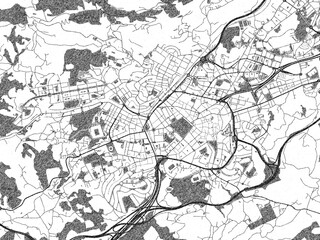 Detailed artistic sketch map of Oviedo, Spain, in monochrome black and white.
