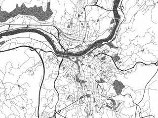 City map illustration of Ourense, Spain, rendered in black and white sketch style.