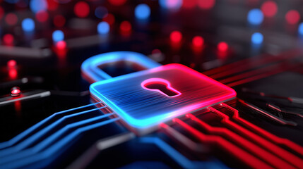 Glowing padlock symbol on digital circuit board background.  
