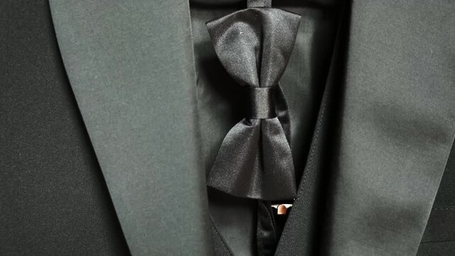 Close-up shots highlight elegant black bow ties worn for a wedding. The intricate texture and design enhance the groom's formal attire, adding sophistication and style.
