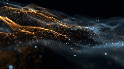 abstract background with bokeh defocused lights and stars. Big data visualization. Futuristic wave. Abstract particle wave. Network connection structure.