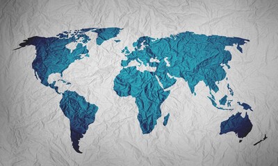 World Map on Crumpled Paper Texture, global business and international travel concept background.
