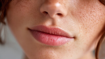 Fototapeta premium Close up of person lips showcases natural and soft appearance, highlighting subtle freckles and smooth skin texture. image conveys sense of beauty and simplicity