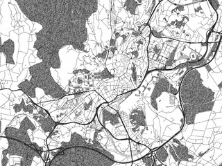 Black and white illustrated map of Santiago de Compostella, Spain, with streets, rivers, and neighborhoods.