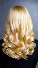 Naklejka premium Back view of blonde wavy hair with curls styled neatly. 