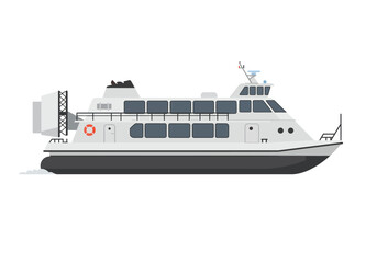 Obraz premium A grey and white ferry boat with black hull multiple windows and a life preserver visible on the side