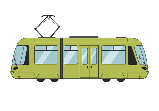 A green tram with a roof pantograph is depicted featuring multiple windows and doors
