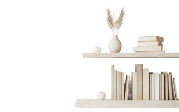 Minimal bookshelf with carefully arranged neutral decor objects creating a clean contemporary interior design for modern living spaces isolated on transparent background PNG - Powered by Adobe