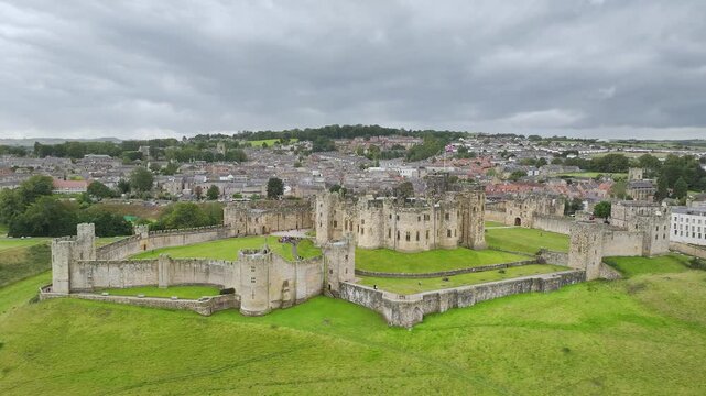 Alnwick Castle from a drone, Alnwick, Northumberland, England