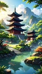 Lush Asian temple landscape painting