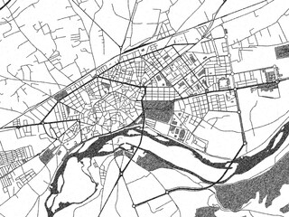 Artistic urban sketch of Talavera de la Reina, Spain, detailed in black and white map form.