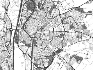 Minimalist monochrome city map of Seville, Spain, illustrated with urban detail.
