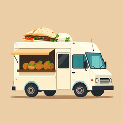 Illustration of a food truck with pumpkins and a sandwich on top.