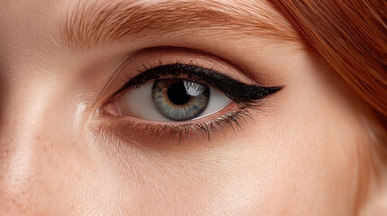 Obraz premium Close up of woman eye showcasing striking blue iris, defined eyeliner, and natural eyelashes. skin around eye is smooth, highlighting beauty and detail of makeup