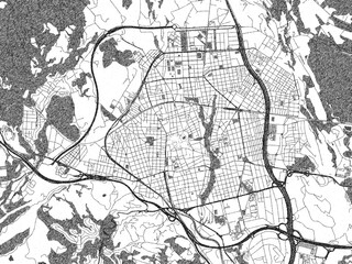 Hand-drawn style black and white city map of Terrassa, Spain, with detailed streets and textures.