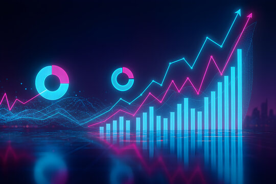 Neon-infused data charts and floating graphs over futuristic city skyline beneath purple night ambiance