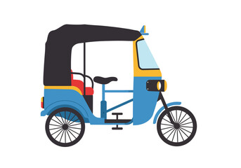 A threewheeled auto rickshaw with a black canopy and blue and yellow body