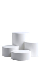 Four white cylindrical display pedestals arranged in tiers
