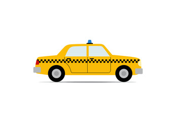 A yellow cartoon taxi cab sporting a black checkerboard pattern is shown in profile against a white background