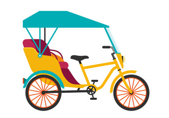 A yellow rickshaw with a turquoise canopy and red upholstery