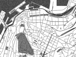 Hand-drawn style black and white city map of Vigo Centro, Spain, with detailed streets and textures.