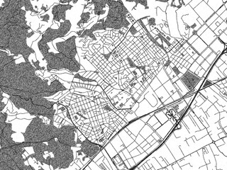Obraz premium Black and white illustrated map of Viladecans, Spain, with streets, rivers, and neighborhoods.
