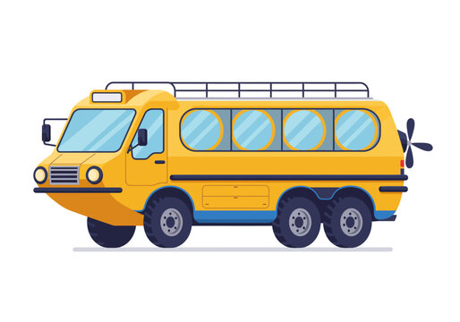 A yellow amphibious bus with round windows roof rack and propeller on the back