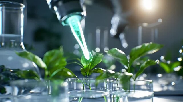 Plant tissue culture in a lab: a pipette adds green nutrient solution to young plantlets in petri dishes.