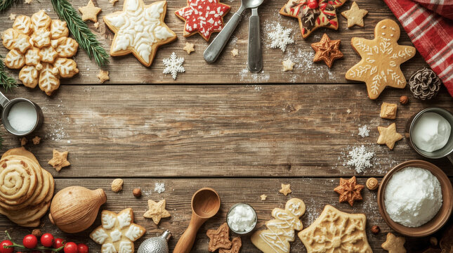 Holiday baking scene with various decorated cookies and festive decorations on a wooden table - Powered by Adobe