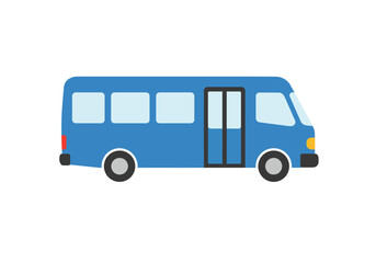 Blue bus graphic side view two doors lightblue windows black tires white background