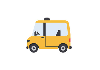 Cartoon yellow car featuring black wheels a door and windows on a white background