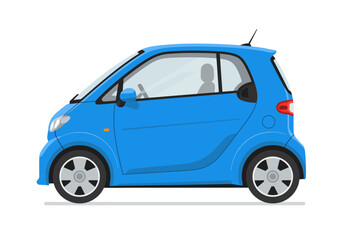 Compact blue car with a drivers silhouette inside