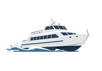 Illustration of a motor yacht at sea with a prominent wave near the hull