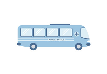 Light blue airport shuttle bus with white accents and four large windows