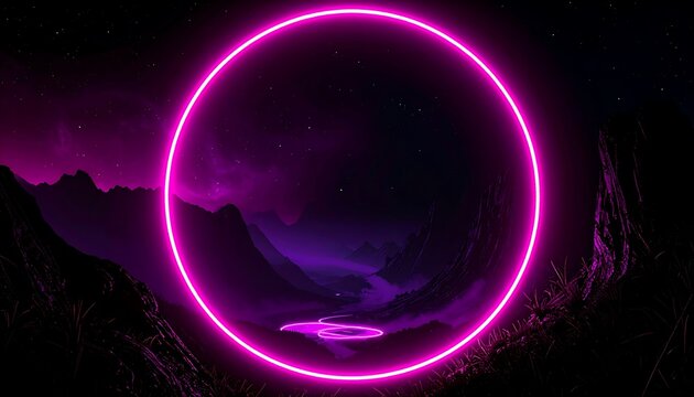Neon circle framing a night landscape
