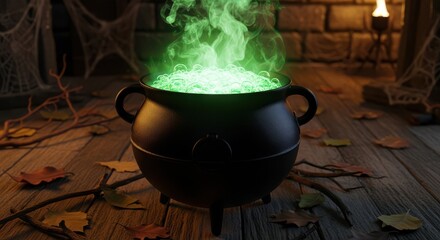 Mysterious glowing potion bubbles in a Halloween cauldron