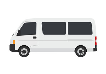 White van profile two darkened windows side door and details like black bumpers and orange front light